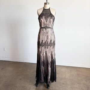 NWOT BCBGMaxAzria Beaded and Embroidered Maxi Dress in Black and Nude Sz 4